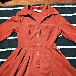 Bettie Page Tatyana Clothing Burnt Orange Shirt Swing Dress - FLAWED